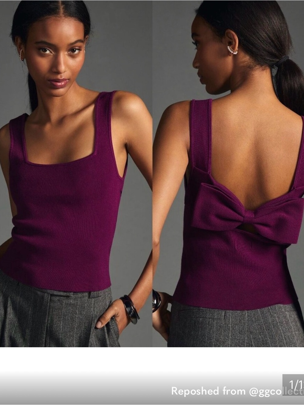 Anthropologie Deep Plum Square-Neck Tank with Back Bow